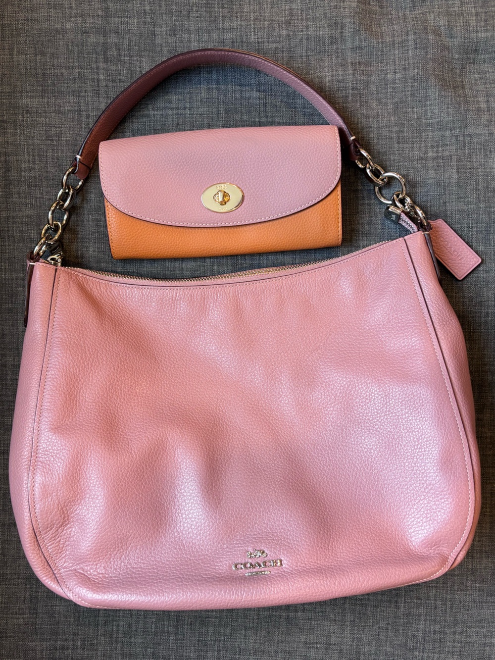 Coach Pink Leather Shoulder Bag with Matching Pink & Orange Wallet